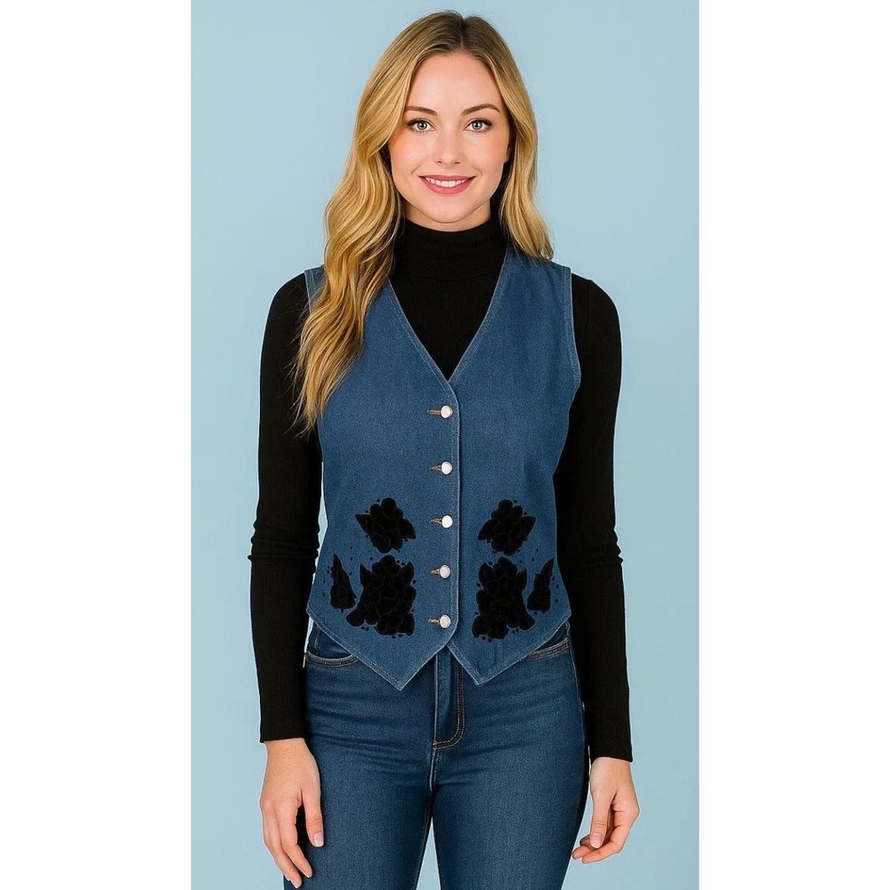 Vtg Lizwear Denim Velvet Floral Vest Bead festival boho cottagecore western Sm